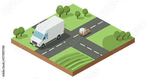 Isometric delivery van on country road with drone in a 3d rural landscape