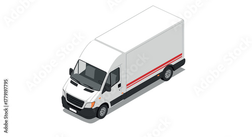 Isometric delivery truck design with red stripe on white background