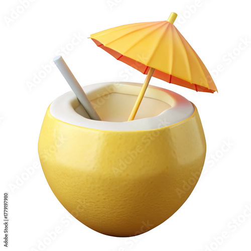 3d tropical coconut drink with umbrella isolated on transparent background
