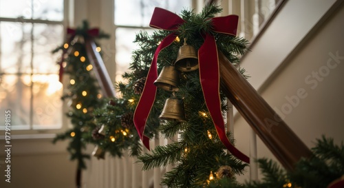 Christmas decorations with bells and greenery on staircase railing  