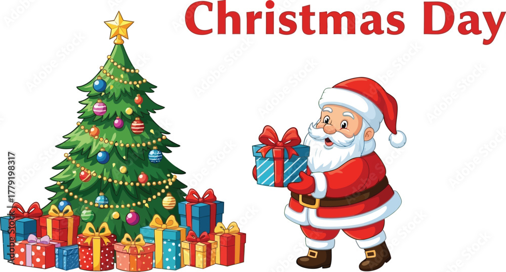 Naklejka premium Christmas day with santa, tree, and gifts