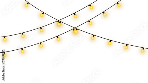 Wedding  decoration mini string lights flicker set. Warm glowing tiny lights for wedding, Christmas cultural functions. Romantic cozy flicker lighting chain across ceiling. Vector illustration.