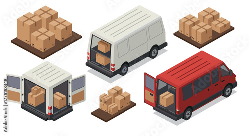 Isometric delivery vans and cardboard boxes on pallets