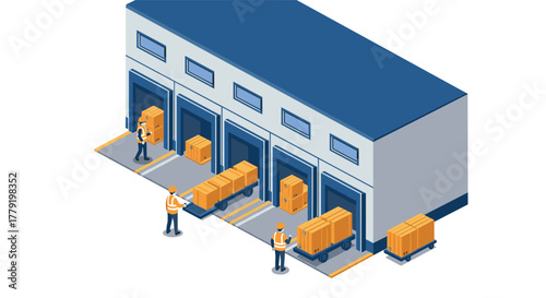 Efficient logistics and distribution center with workers loading trucks in isometric style
