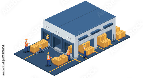 Isometric warehouse operation with workers and cargo boxes in a cargo depot