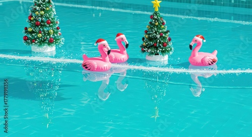 Inflatable flamingos and Christmas trees in a bright swimming pool  