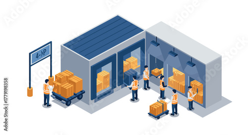 Modern warehouse operations with workers loading and unloading cargo in isometric style