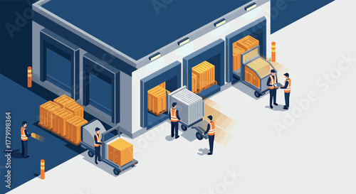 Warehouse logistics workers and forklift loading packages at a distribution center in isometric style
