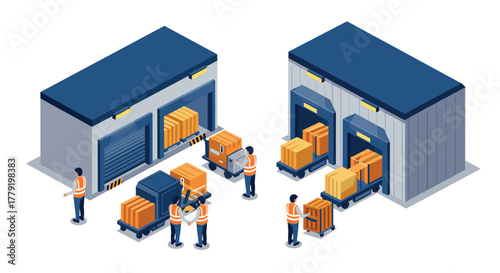Isometric warehouse logistics scene with workers and packages