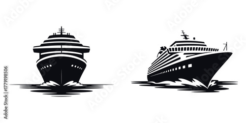 Cruise Ship Vector Illustration Set – Luxury Ocean Liner Silhouette, Winter Sea Travel, Vacation Voyage, Marine Adventure, Nautical Tourism, and Holiday Cruise Journey Design Art