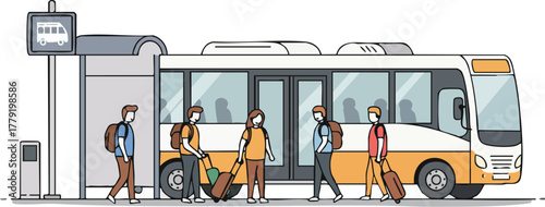 People with luggage boarding a public transportation bus at a bus stop.