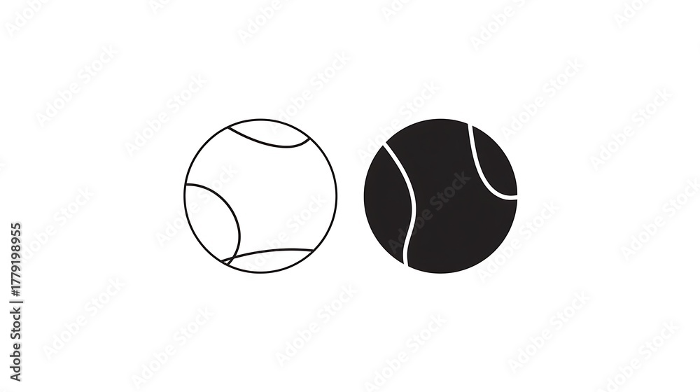 Fototapeta premium Two tennis balls one outline one solid black silhouette