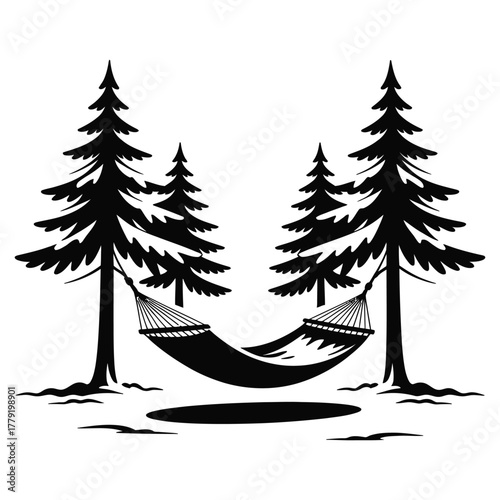 Winter Forest Hammock Vector Illustration – Snowy Pine Trees Silhouette, Peaceful Nature Scene, Outdoor Relaxation, Cold Weather Wilderness, Camping and Tranquil Winter Landscape Art