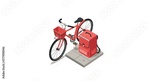 Isometric red bicycle with delivery bag attached to charging station