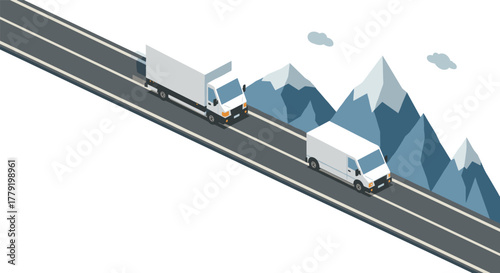 Delivery trucks on mountain road with snowy peaks in isometric style