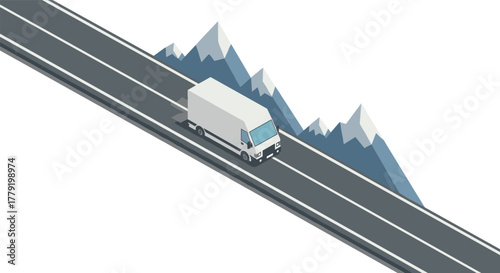 Isometric truck on mountain road with snowy peaks and clear sky