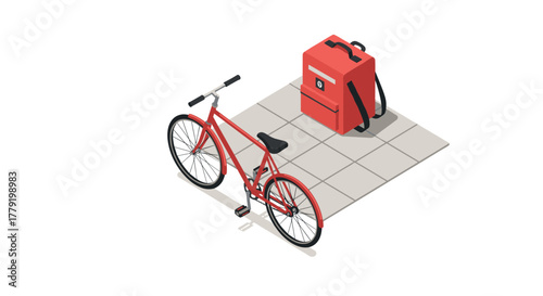Isometric red delivery bicycle and backpack on tiles
