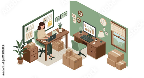 Home office dual desk setup with woman working and packaging boxes