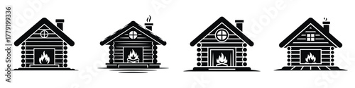 Winter Cabin Vector Illustration Set – Cozy Wooden House with Fireplace, Snowy Mountain Lodge Silhouette, Warm Log Cottage, Winter Vacation, and Holiday Chalet Design Art