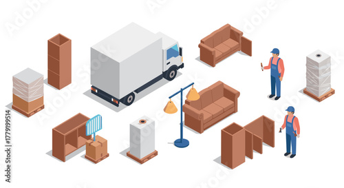 Isometric moving day concept with furniture, truck, and movers in uniform