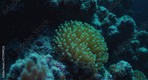Underwater view of coral and anemone in a vibrant marine environment, captured closely