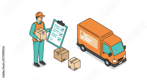 Isometric delivery service concept with courier, packages, and truck illustration