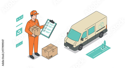 Isometric delivery concept with courier and van