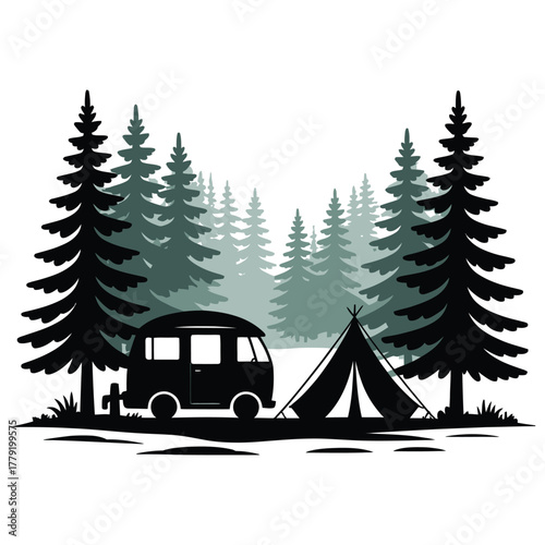 Winter Camping Vector Illustration – Camper Van and Tent in Pine Forest, Outdoor Travel Adventure, Snowy Nature Landscape, Holiday Vacation, Hiking and Wilderness Exploration Art