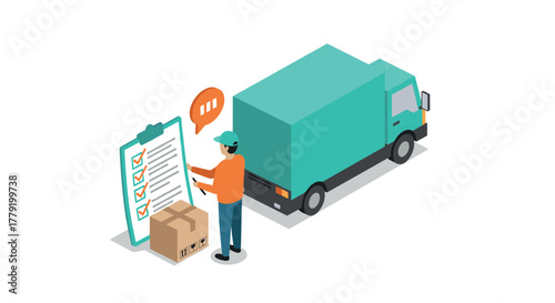 Isometric graphic of delivery person checking inventory with a truck and checklist