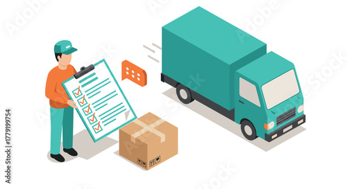 Isometric delivery process courier with checklist, package, and truck in motion