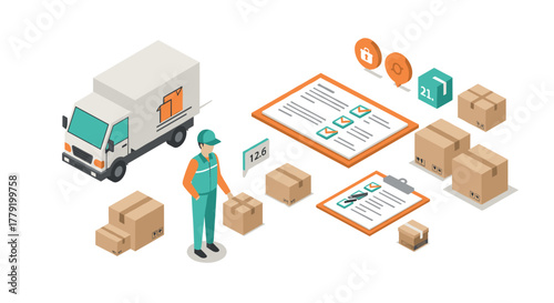 Isometric delivery service concept with truck and packages