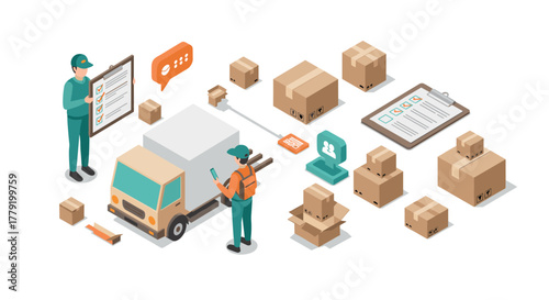 Isometric package delivery and logistics concept with couriers and boxes