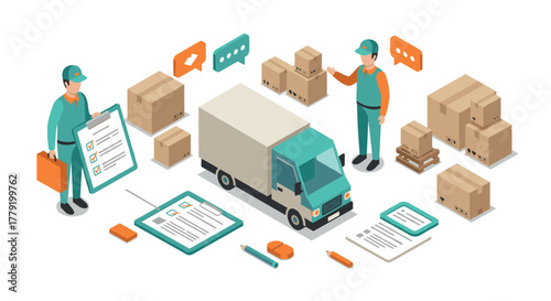 Isometric logistics and delivery concept with workers, truck, and packages