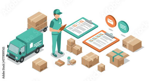 Efficient delivery logistics with isometric package management and shipping checklist