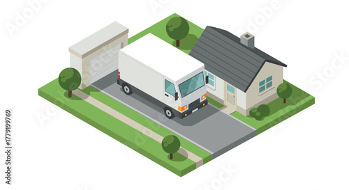 Isometric delivery scene with white van in suburban neighborhood setting
