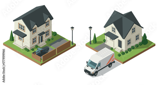 Isometric residential houses with cars and vans on driveways