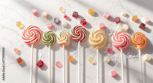 Vibrant candy assortment swirly lollipops and assorted cube gummies on a marble surface