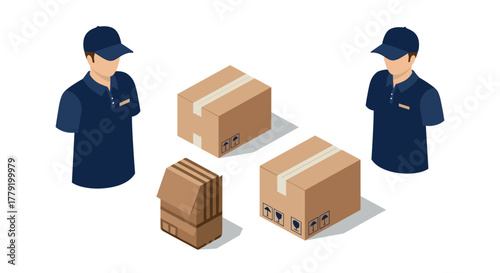 Isometric delivery concept with uniformed workers and packages