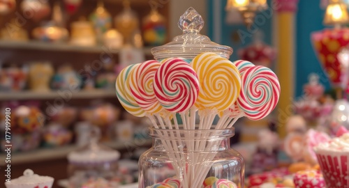 Vibrant lollipops in a glass jar, candy shop background with shelves full of sweets