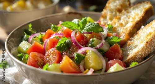 Vibrant salad of tomatoes, cucumbers, and onions, with toasted bread, appetizingly plated