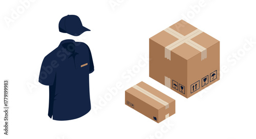 Isometric delivery uniform and cardboard boxes for shipping and logistics theme