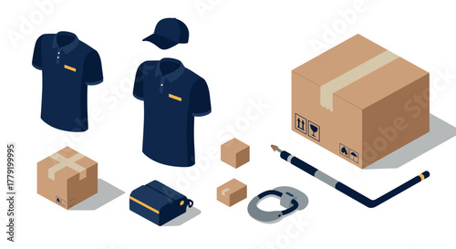 Isometric delivery icon set with uniform, packages, and tools on white background