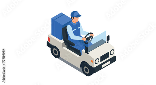 Delivery driver operating small vehicle in isometric design on white background