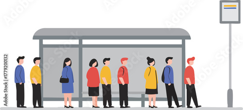 People wait in line at a public bus stop shelter with a sign.