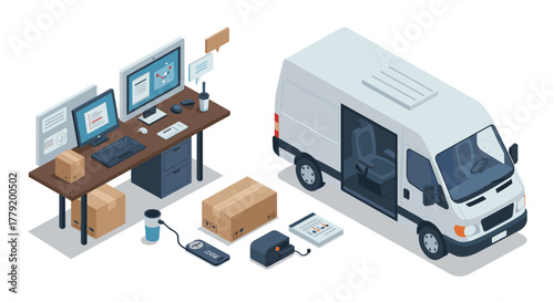 Modern isometric delivery setup with desk, monitors, and cargo van for ecommerce and logistics solutions