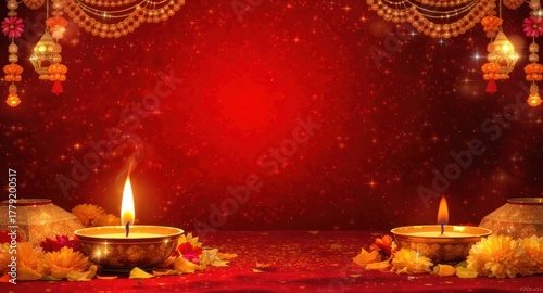 Vivid red festive background with glowing oil lamps, garland, and floral decorations