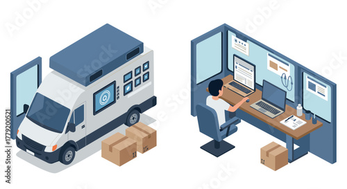 Isometric delivery van and office workspace with technology elements
