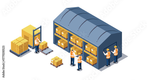 Warehouse logistics with workers and boxes in isometric style