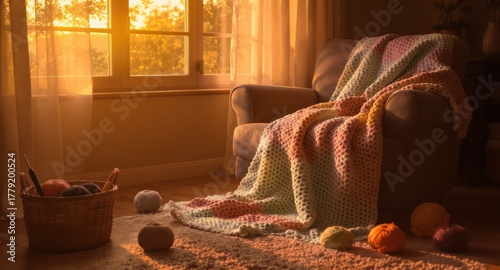 Warm living room scene with comfy chair, blanket, and yarn basked in golden light