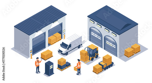 Modern warehouse logistical operations with workers and vehicles in isometric view